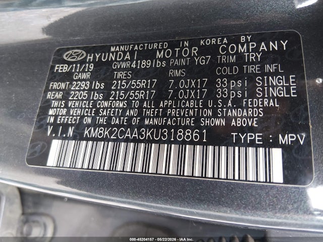 Aukcja sprzedaży 2019 Hyundai Kona Sel, vin: KM8K2CAA3KU318861, numer aukcji: 45204157