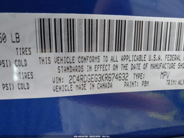 Auction sale of the 2019 Dodge Grand Caravan Gt, vin: 2C4RDGEG3KR674632, lot number: 45204159