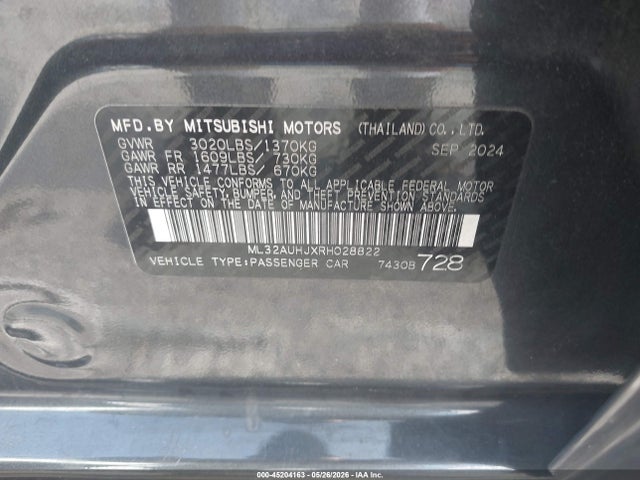 Aukcja sprzedaży 2024 Mitsubishi Mirage Es/le, vin: ML32AUHJXRH028822, numer aukcji: 45204163