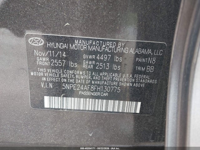 45204171 :رقم المزاد ، 5NPE24AF8FH130775 vin ، 2015 Hyundai Sonata Se مزاد بيع