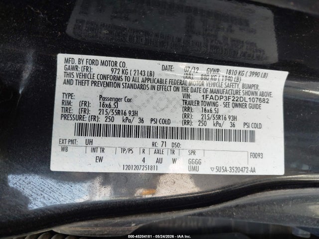 2013 Ford Focus Se მანქანა იყიდება აუქციონზე, vin: 1FADP3F22DL107682, აუქციონის ნომერი: 45204181