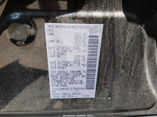 45204184 :رقم المزاد ، 5N1AT2MV3EC774046 vin ، 2014 Nissan Rogue Sv مزاد بيع