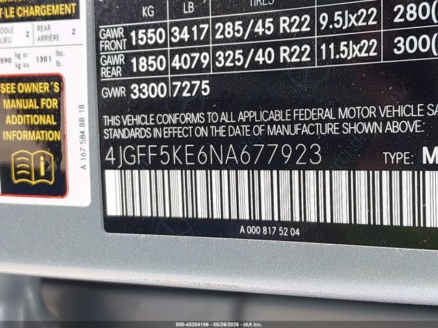 Aukcja sprzedaży 2022 Mercedes-benz Gls 450 4matic, vin: 4JGFF5KE6NA677923, numer aukcji: 45204186