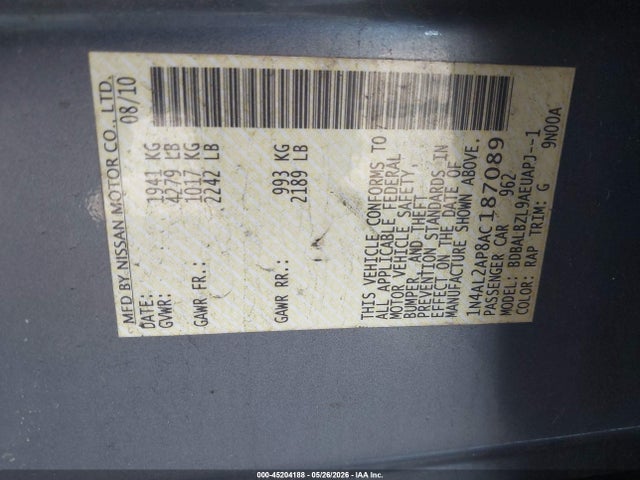 2010 Nissan Altima 2.5 S მანქანა იყიდება აუქციონზე, vin: 1N4AL2AP8AC187089, აუქციონის ნომერი: 45204188