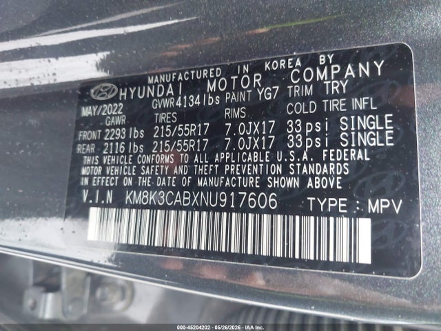 Aukcja sprzedaży 2022 Hyundai Kona Sel, vin: KM8K3CABXNU917606, numer aukcji: 45204202