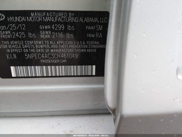 2012 Hyundai Sonata Se მანქანა იყიდება აუქციონზე, vin: 5NPEC4AC3CH461049, აუქციონის ნომერი: 45204214