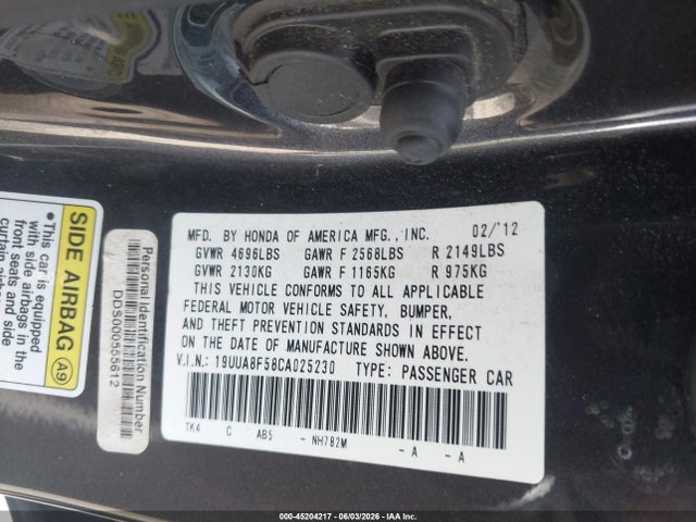 Aukcja sprzedaży 2012 Acura Tl 3.5, vin: 19UUA8F58CA025230, numer aukcji: 45204217