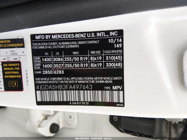Продаж на аукціоні авто 2015 Mercedes-benz Ml 350 4matic, vin: 4JGDA5HB3FA497643, номер лоту: 45204222