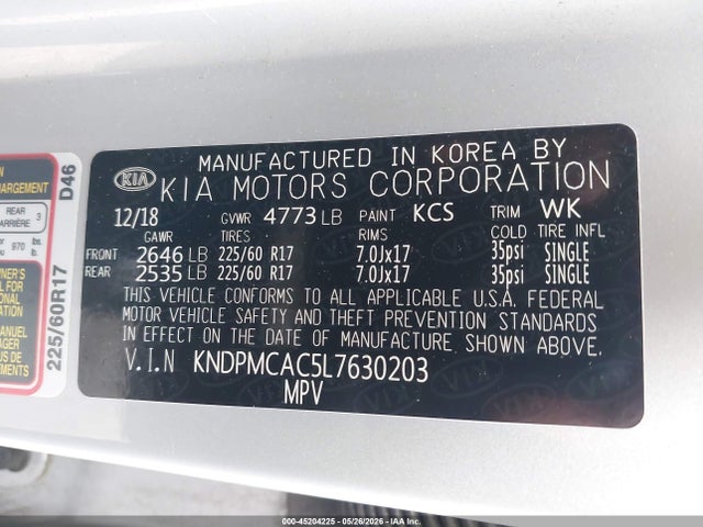 45204225 :رقم المزاد ، KNDPMCAC5L7630203 vin ، 2020 Kia Sportage Lx مزاد بيع