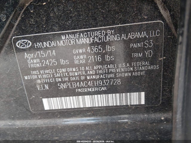 2014 Hyundai Sonata Gls მანქანა იყიდება აუქციონზე, vin: 5NPEB4AC4EH932728, აუქციონის ნომერი: 45204233