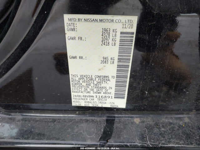 Aukcja sprzedaży 2021 Nissan Altima S Fwd, vin: 1N4BL4BV8MN316891, numer aukcji: 45204243
