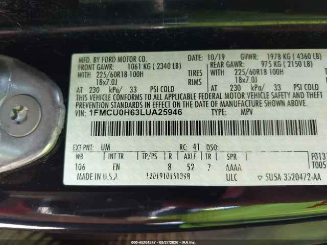 Aukcja sprzedaży 2020 Ford Escape Sel, vin: 1FMCU0H63LUA25946, numer aukcji: 45204247