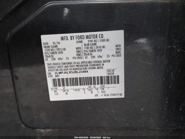 45204250 :رقم المزاد ، 2LMPJ6LR5JBL23484 vin ، 2018 Lincoln Mkx Reserve مزاد بيع