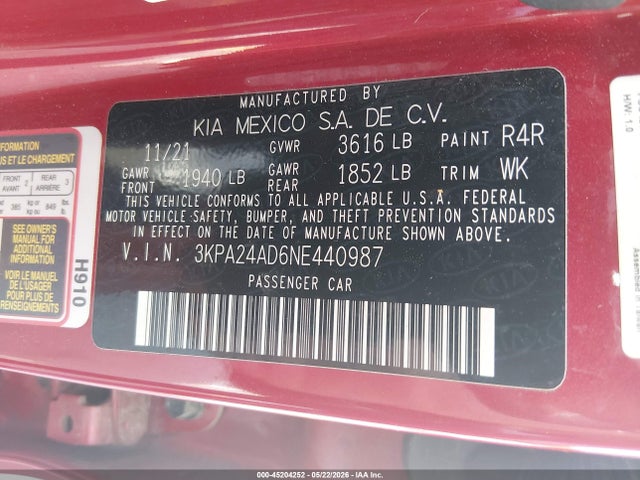 2022 Kia Rio S მანქანა იყიდება აუქციონზე, vin: 3KPA24AD6NE440987, აუქციონის ნომერი: 45204252