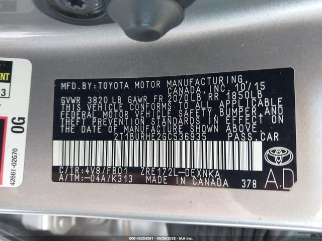 45204261 :رقم المزاد ، 2T1BURHE2GC536935 vin ، 2016 Toyota Corolla Le مزاد بيع