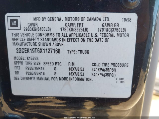 45204285 :رقم المزاد ، 2GCEK19T6X1127160 vin ، 1999 Chevrolet Silverado 1500 Lt مزاد بيع