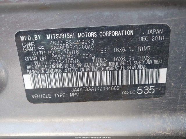2019 Mitsubishi Eclipse Cross Es მანქანა იყიდება აუქციონზე, vin: JA4AT3AA1KZ034882, აუქციონის ნომერი: 45204294