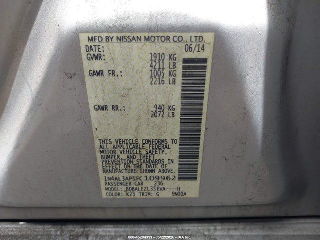 Продажа на аукционе авто 2015 Nissan Altima 2.5 S, vin: 1N4AL3AP1FC109962, номер лота: 45204311