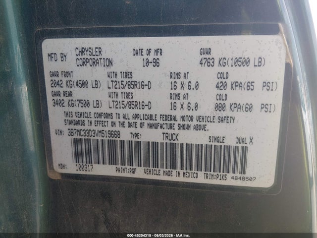 1997 Dodge Ram 3500 St მანქანა იყიდება აუქციონზე, vin: 3B7MC33D3VM519668, აუქციონის ნომერი: 45204315