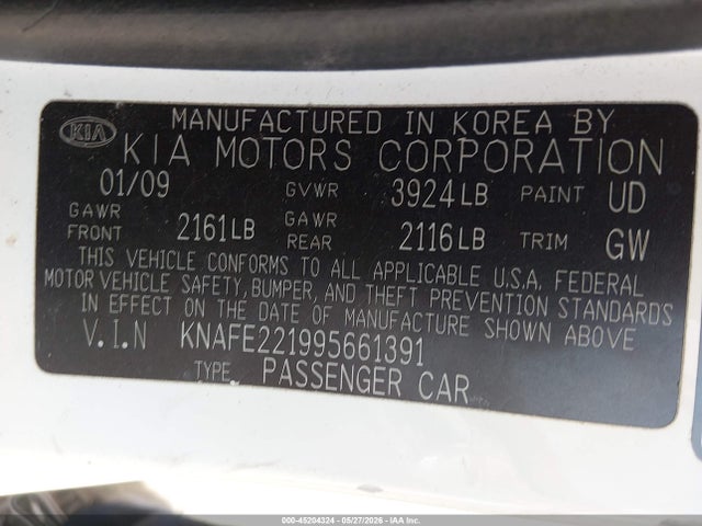 45204324 :رقم المزاد ، KNAFE221995661391 vin ، 2009 Kia Spectra Ex مزاد بيع