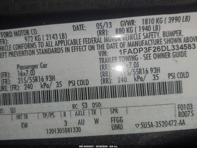 45204327 :رقم المزاد ، 1FADP3F26DL334583 vin ، 2013 Ford Focus Se مزاد بيع