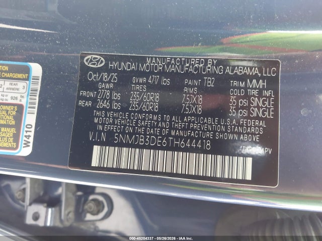 Продажа на аукционе авто 2026 Hyundai Tucson Sel, vin: 5NMJB3DE6TH644418, номер лота: 45204337