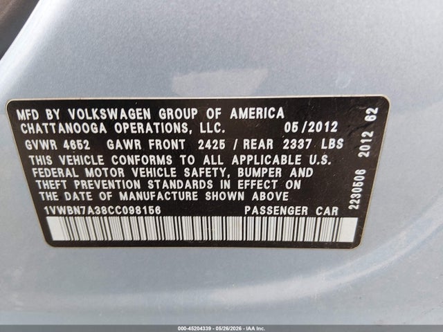 2012 Volkswagen Passat 2.0l Tdi Se მანქანა იყიდება აუქციონზე, vin: 1VWBN7A38CC098156, აუქციონის ნომერი: 45204339