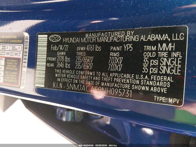Aukcja sprzedaży 2022 Hyundai Tucson Se, vin: 5NMJACAE0NH095731, numer aukcji: 45204340