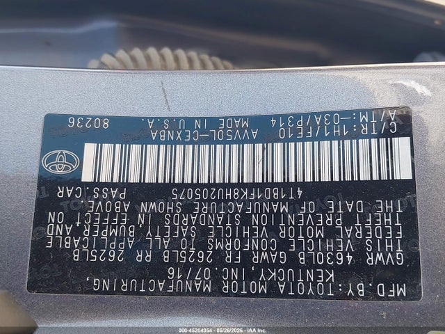 Aukcja sprzedaży 2017 Toyota Camry Hybrid Le, vin: 4T1BD1FK8HU205075, numer aukcji: 45204354