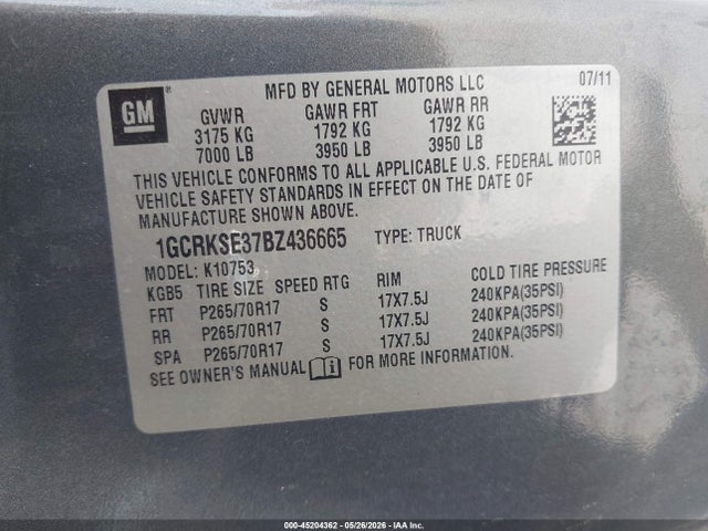 45204362 :رقم المزاد ، 1GCRKSE37BZ436665 vin ، 2011 Chevrolet Silverado 1500 Lt مزاد بيع