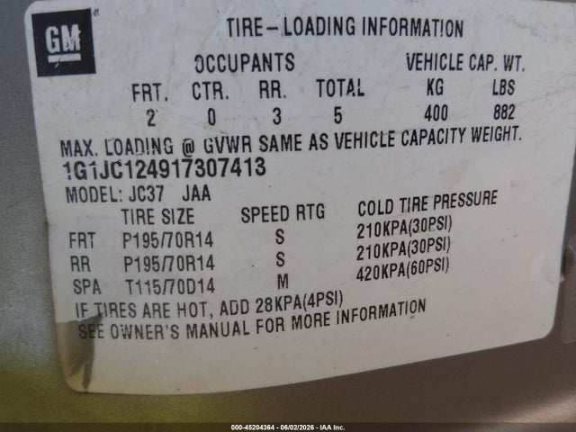 45204364 :رقم المزاد ، 1G1JC124917307413 vin ، 2001 Chevrolet Cavalier مزاد بيع
