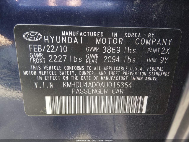 Продаж на аукціоні авто 2010 Hyundai Elantra Gls, vin: KMHDU4AD0AU016364, номер лоту: 45204385