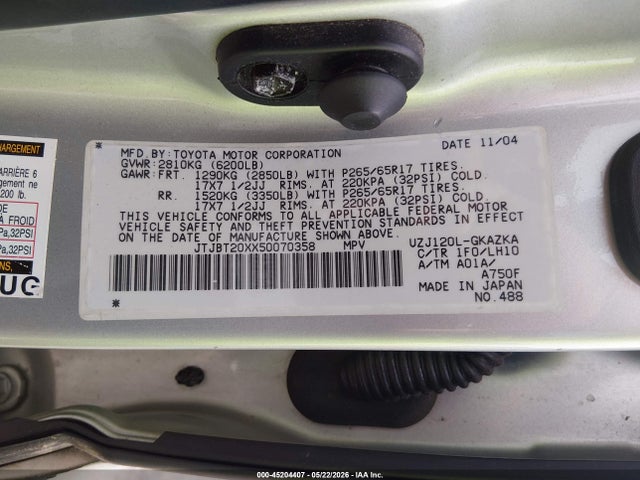 45204407 :رقم المزاد ، JTJBT20XX50070358 vin ، 2005 Lexus Gx 470 مزاد بيع