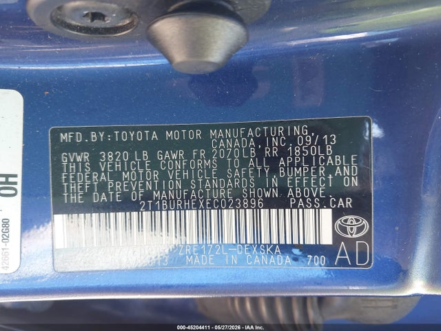 45204411 :رقم المزاد ، 2T1BURHEXEC023896 vin ، 2014 Toyota Corolla S Plus مزاد بيع