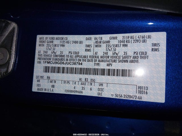 Ford ESCAPE SE 2018 1FMCU9GD6JUC38794 Image 9