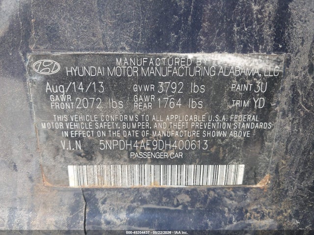 45204437 :رقم المزاد ، 5NPDH4AE9DH400613 vin ، 2013 Hyundai Elantra Gls مزاد بيع