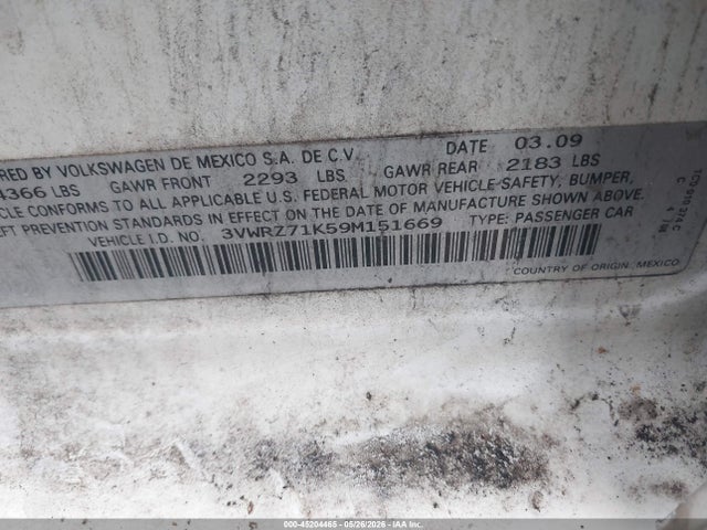 45204465 :رقم المزاد ، 3VWRZ71K59M151669 vin ، 2009 Volkswagen Jetta Se مزاد بيع