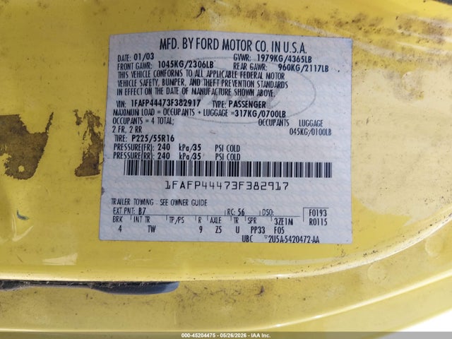 2003 Ford Mustang მანქანა იყიდება აუქციონზე, vin: 1FAFP44473F382917, აუქციონის ნომერი: 45204475