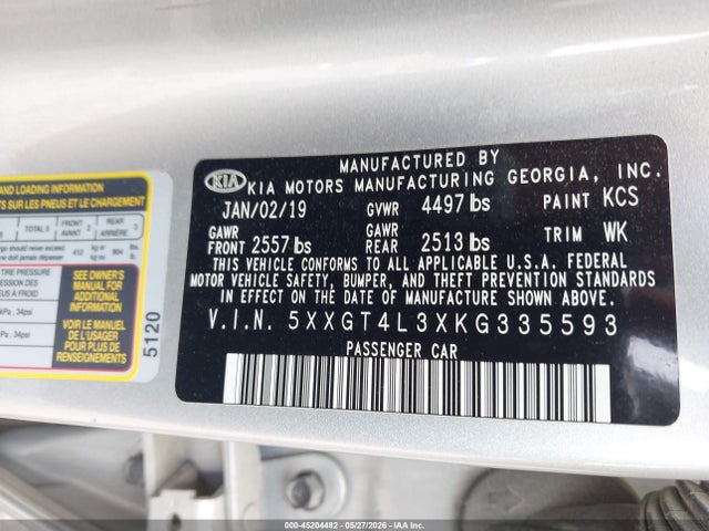 2019 Kia Optima Lx მანქანა იყიდება აუქციონზე, vin: 5XXGT4L3XKG335593, აუქციონის ნომერი: 45204482