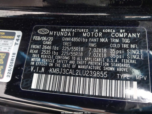 2020 Hyundai Tucson Sel მანქანა იყიდება აუქციონზე, vin: KM8J3CAL2LU239855, აუქციონის ნომერი: 45204497