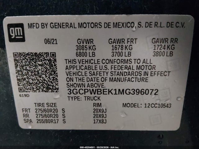 2021 Chevrolet Silverado 1500 2wd  Short Bed Custom მანქანა იყიდება აუქციონზე, vin: 3GCPWBEK1MG396072, აუქციონის ნომერი: 45204501