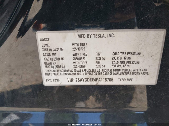 2023 Tesla Model Y Awd/long Range Dual Motor All-wheel Drive მანქანა იყიდება აუქციონზე, vin: 7SAYGDEE4PA118705, აუქციონის ნომერი: 45204506