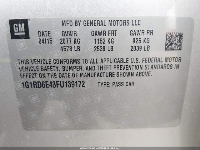 Продажа на аукционе авто 2015 Chevrolet Volt, vin: 1G1RD6E43FU139172, номер лота: 45204519
