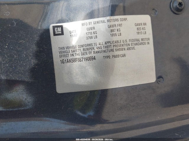 Aukcja sprzedaży 2008 Chevrolet Cobalt Ls, vin: 1G1AK58F887190694, numer aukcji: 45204536