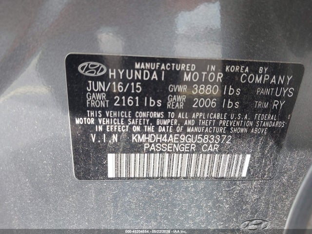 Продажа на аукционе авто 2016 Hyundai Elantra Value Edition, vin: KMHDH4AE9GU583372, номер лота: 45204554