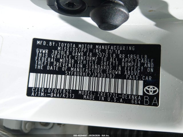 Aukcja sprzedaży 2018 Toyota Corolla Le, vin: 5YFBURHE7JP800187, numer aukcji: 45204557
