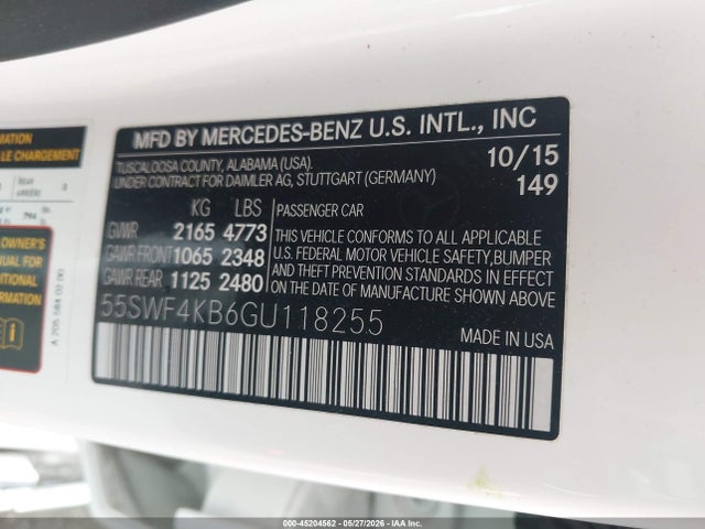 Aukcja sprzedaży 2016 Mercedes-benz C 300 4matic, vin: 55SWF4KB6GU118255, numer aukcji: 45204562