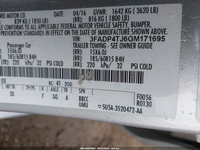 2016 Ford Fiesta S მანქანა იყიდება აუქციონზე, vin: 3FADP4TJ6GM171695, აუქციონის ნომერი: 45204564