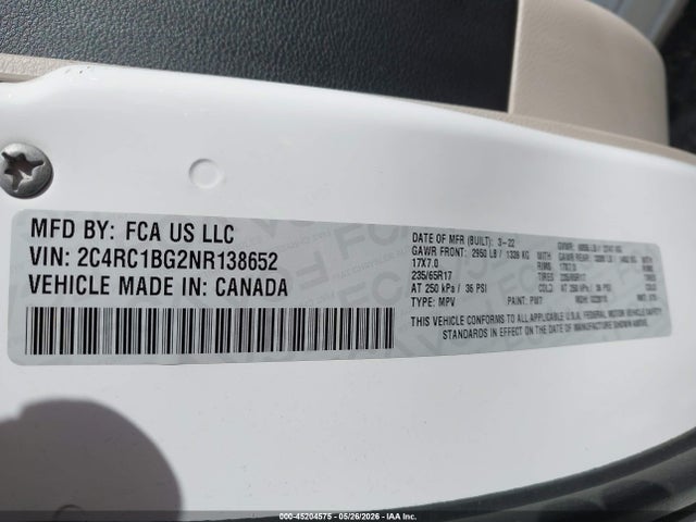 Продажа на аукционе авто 2022 Chrysler Pacifica Touring L, vin: 2C4RC1BG2NR138652, номер лота: 45204575