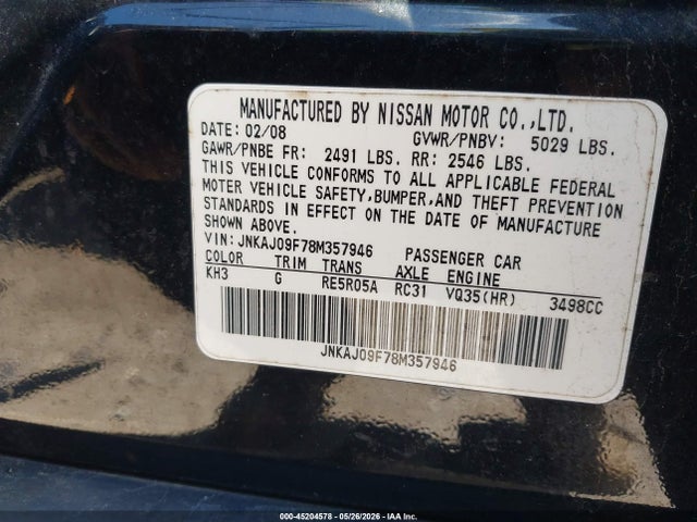 45204578 :رقم المزاد ، JNKAJ09F78M357946 vin ، 2008 Infiniti Ex35 Journey مزاد بيع